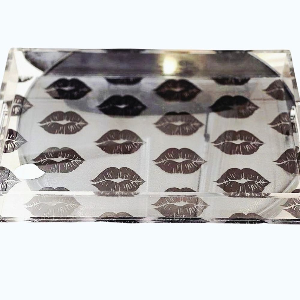 At‎ Home Black Lip Print  Decorative Acrylic Tray w/Handles